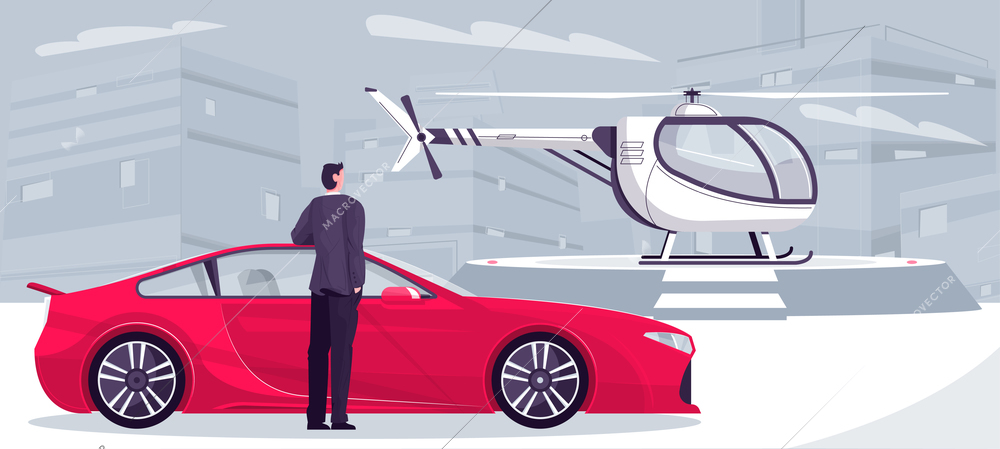 Millionaire transport composition with urban cityscape background and doodle man with sport car and helicopter pad vector illustration