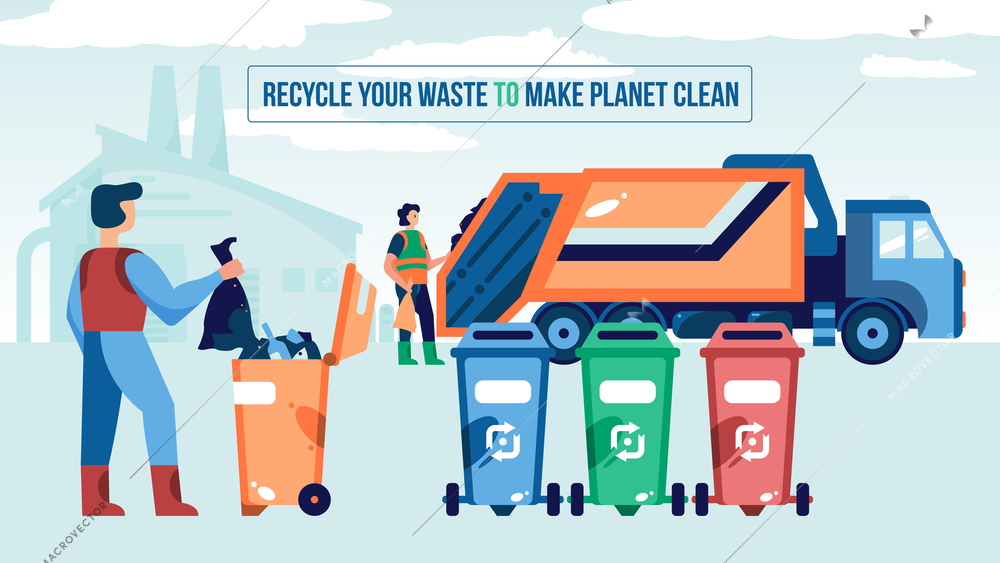 Waste recycling composition with editable text and view of garbage truck and collectors near waste bins vector illustration