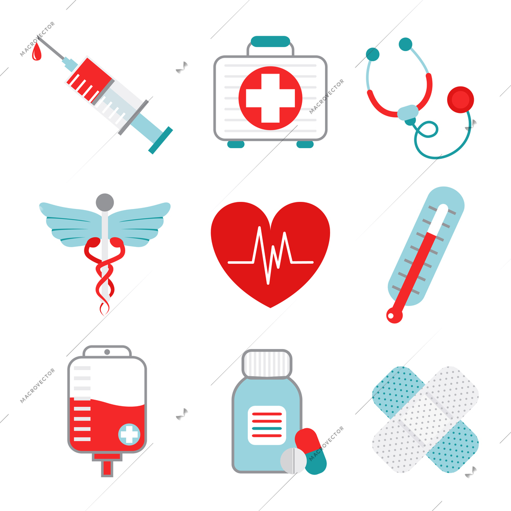 Decorative medical emergency first aid kit symbols pictograms collection with injection syringe abstract flat isolated vector illustration