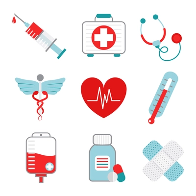 Decorative medical emergency first aid kit symbols pictograms collection with injection syringe abstract flat isolated vector illustration