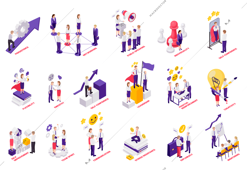 Valuable soft skills isometric symbols set with creativity perseverance leadership confidence empathy flexibility team spirit vector illustration