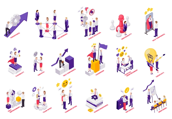 Valuable soft skills isometric symbols set with creativity perseverance leadership confidence empathy flexibility team spirit vector illustration