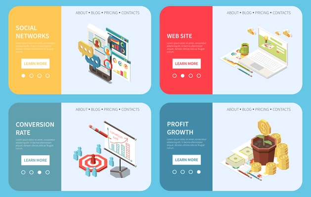 Marketing strategy concept isometric horizontal banners set with learn more buttons page switches text and images vector illustration