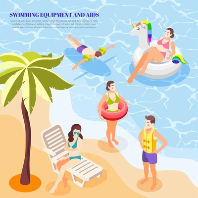 Men and women swimming in sea with different aids arm band ring vest isometric background 3d vector illustration
