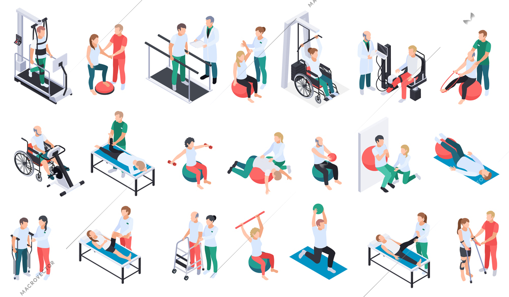 Physiotherapist practice rehabilitation medical center recovery exercises program equipment massage treatment isometric icons set isolated vector illustration