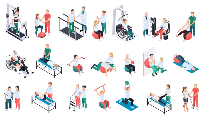 Physiotherapist practice rehabilitation medical center recovery exercises program equipment massage treatment isometric icons set isolated vector illustration