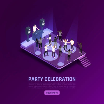 Party celebration isometric background with editable text read more button and view of dancefloor with dj vector illustration