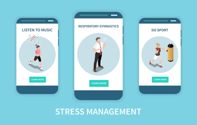 Stress management concept set with gymnastics symbols isometric isolated vector illustration