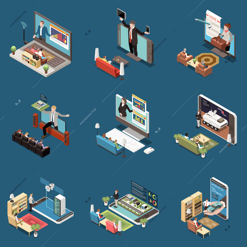 Online presentation set with remote work symbols isometric isolated vector illustration