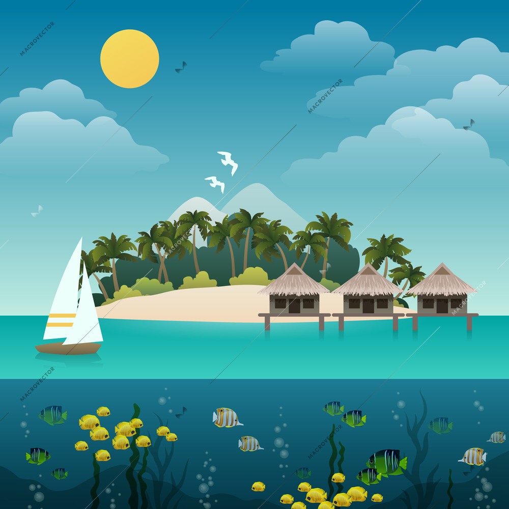 Tropical island sea view with yacht sandy beach background vector illustration