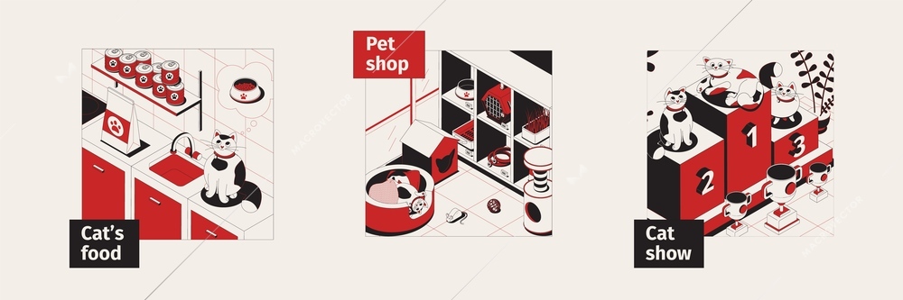 Set of three isometric cat square compositions with images of kitchen food pet shop and podium vector illustration