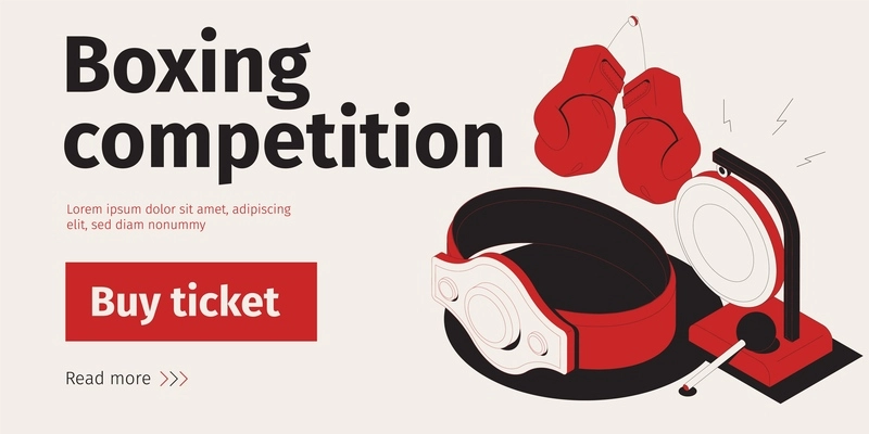 Boxing competition horizontal banner with isometric images of championship belt editable text and buy ticket button vector illustration