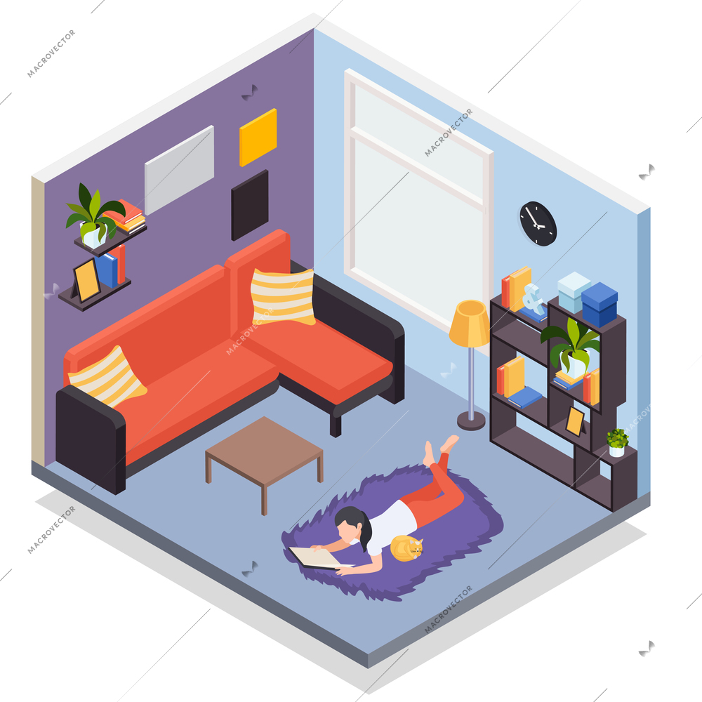 People staying home distant work hobbies leisure isometric composition with girl reading on floor rug vector illustration