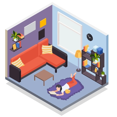 People staying home distant work hobbies leisure isometric composition with girl reading on floor rug vector illustration