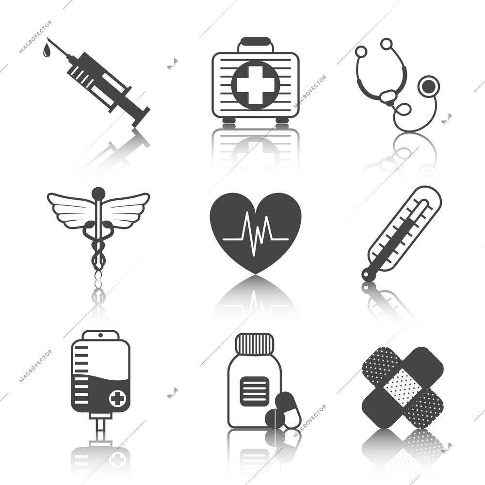 Ambulatory healthcare medical pharmaceutical icons set with heart stethoscope asclepius emblem abstract black isolated vector illustration