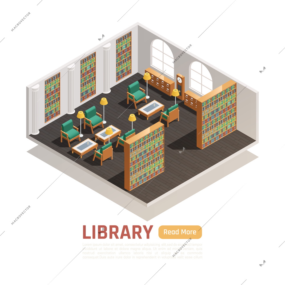 High school library hall with bookcases comfortable armchairs tables lamps isometric composition 3d vector illustration