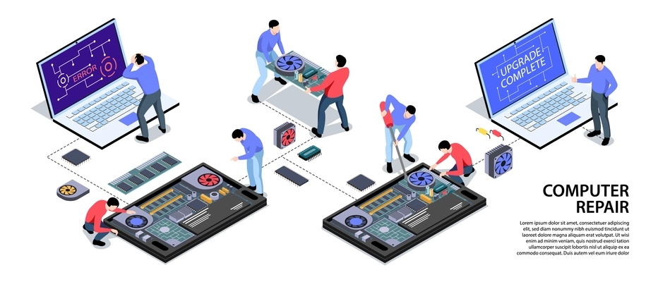 Laptop computer tablet smartphone repair support service isometric infographic horizontal banner with software upgrade installation vector illustration