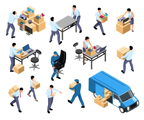 Office relocation isometric set with moving company furniture equipment packing documents loading boxes into van vector illustration