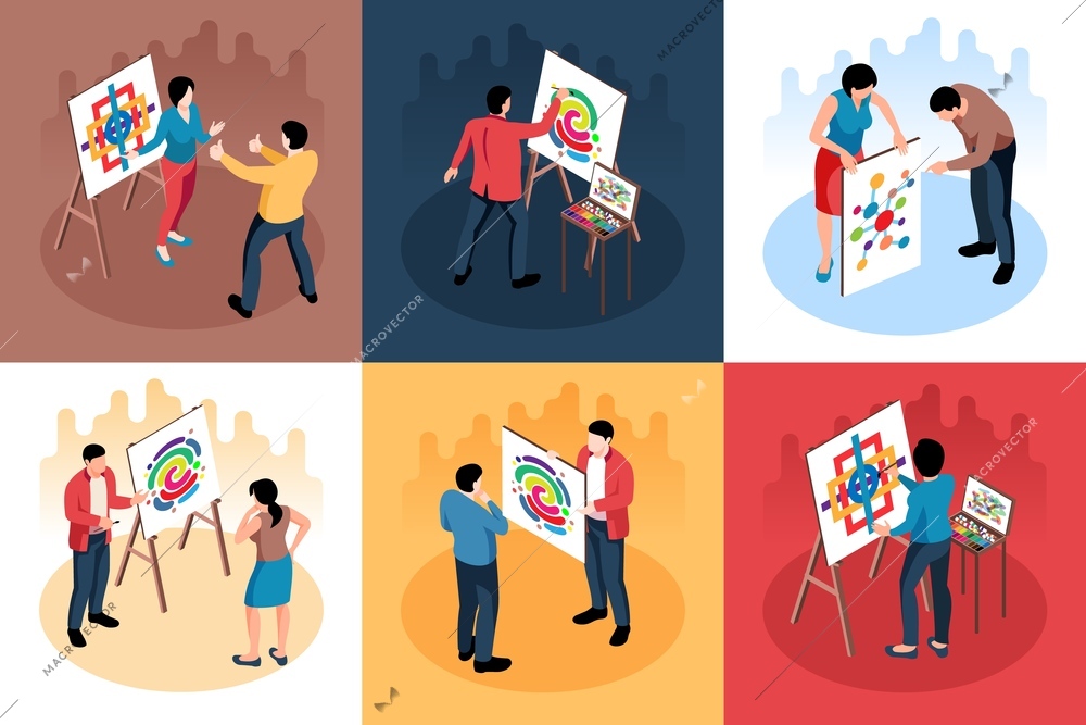 Isometric exhibition gallery design concept 3x2 set of square compositions with characters of painters with paintings vector illustration