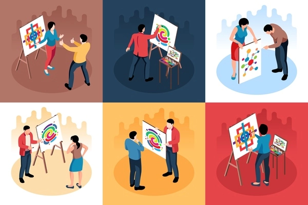 Isometric exhibition gallery design concept 3x2 set of square compositions with characters of painters with paintings vector illustration