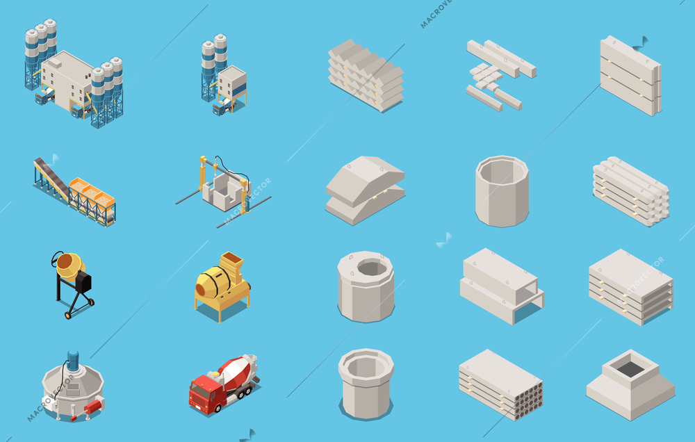 Concrete cement production isometric icon set with tools equipment and transportation extraction vector illustration