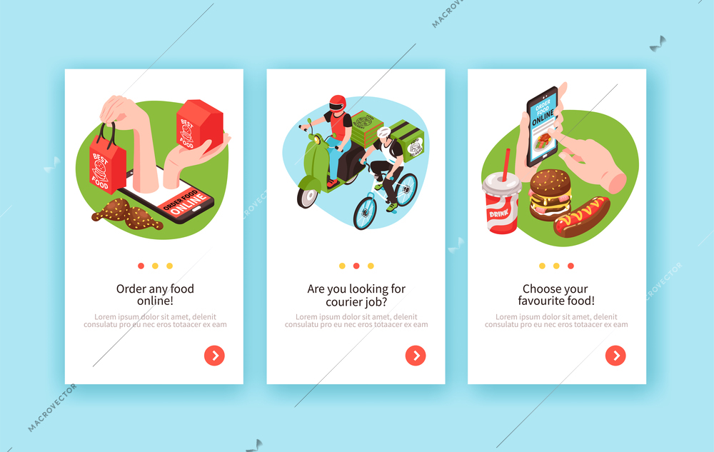 Isometric delivery food vertical banners set with page switch buttons text courier characters and goods images vector illustration