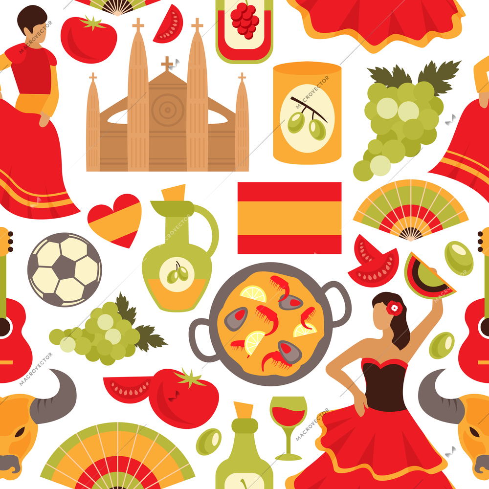 Spain culture flamenco dance bullfight vine tapas symbols seamless decorative souvenir wrap paper pattern abstract vector illustration