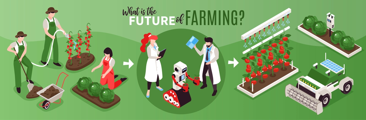 Isometric smart farm composition with images of human farmers with remotely controlled gardening machines and text vector illustration