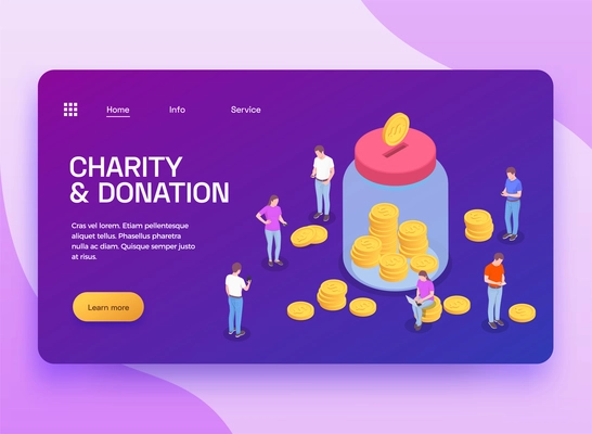 Charity donation volunteering isometric landing page with text clickable links buttons and coin jar with people vector illustration