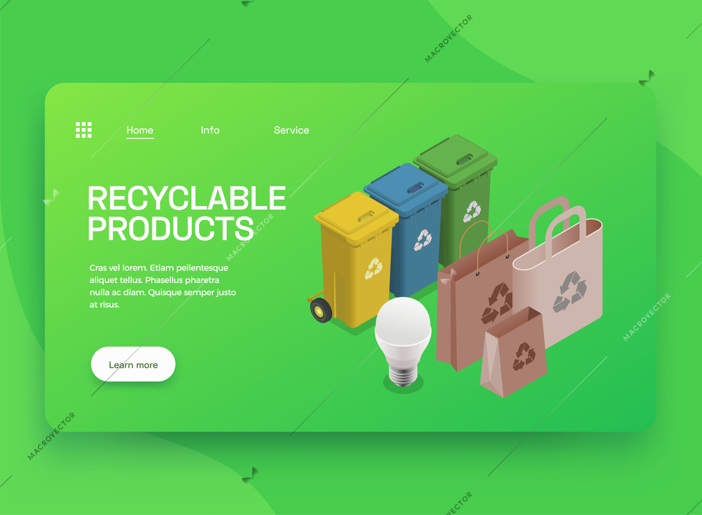 Eco friendly technology isometric web site page with clickable links text recyclable bags and bin images vector illustration