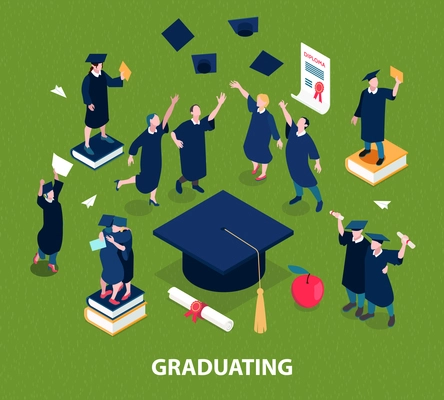 Graduating students concept with education symbols isometric isolated vector illustration