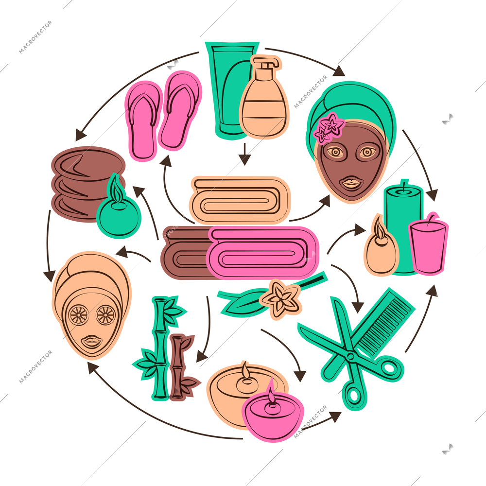 Spa beauty alternative therapy wellness icons set health care concept vector illustration