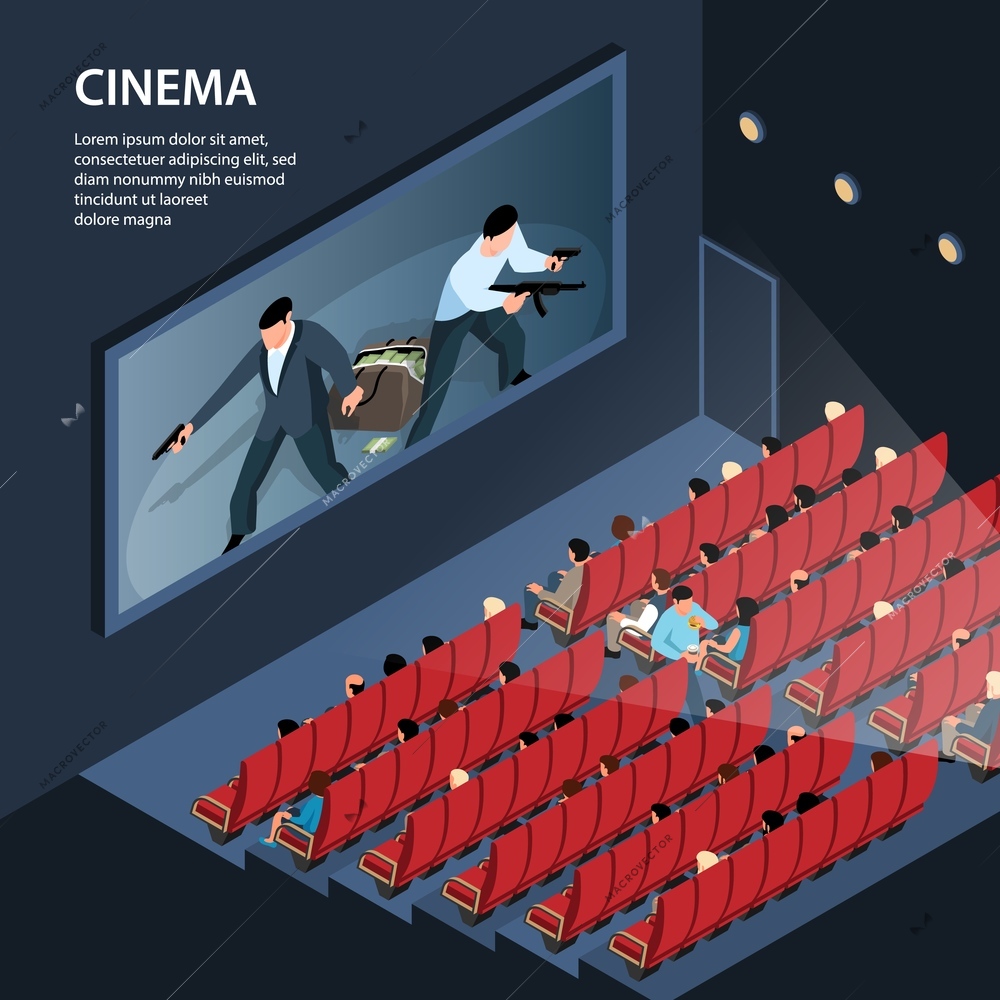 Isometric cinema background with indoor view of movie theater plex with seats audience and editable text vector illustration