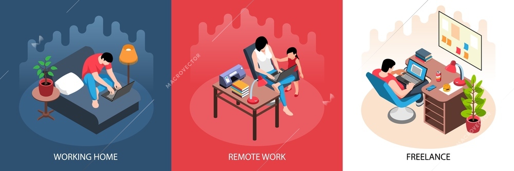 Isometric working home design concept with text captions and characters of self-employed persons at home vector illustration