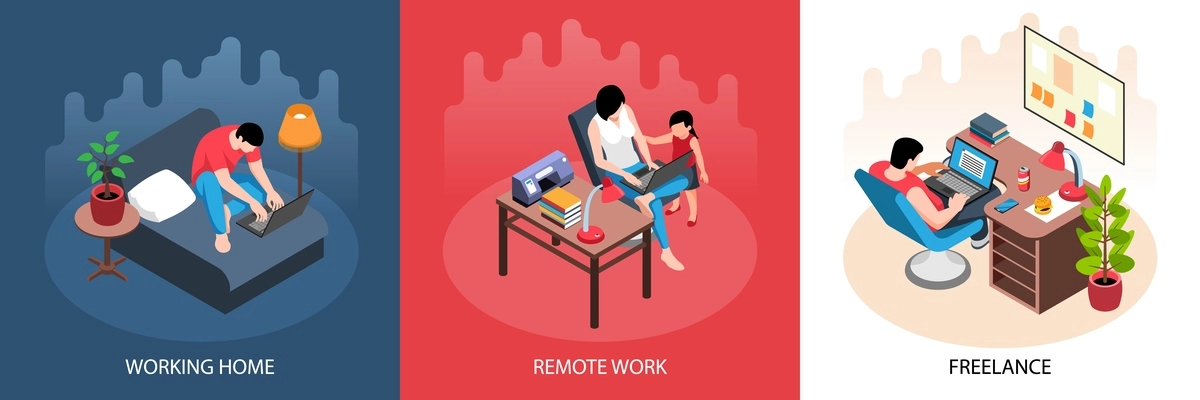 Isometric working home design concept with text captions and characters of self-employed persons at home vector illustration