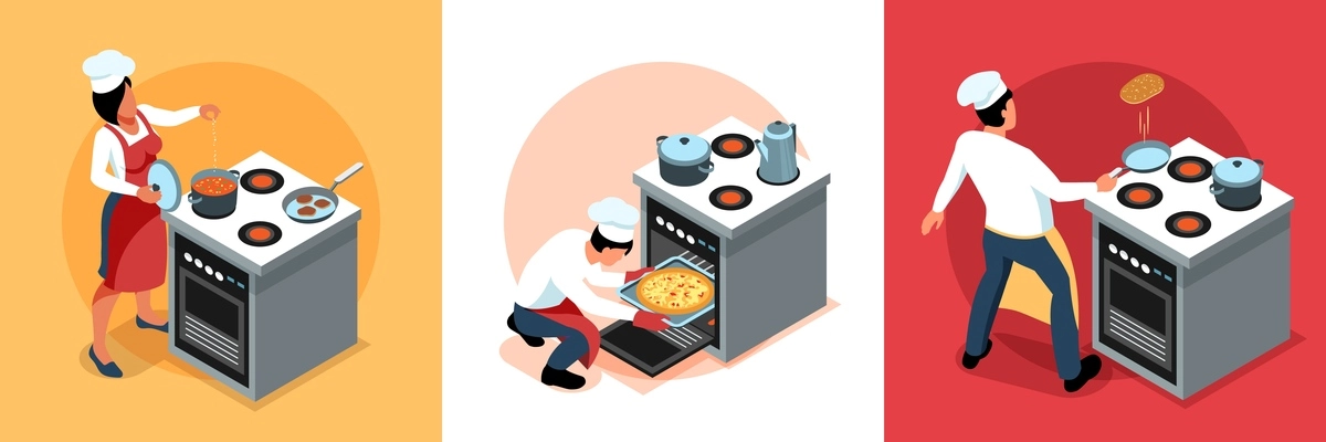 Isometric people cooking design concept with characters of cooks in uniform at kitchen stove with kitchenware vector illustration