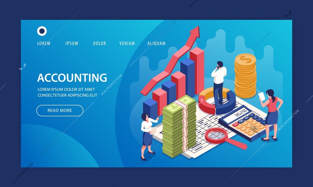 Isometric accounting website page design template with editable text clickable buttons links and financial pictogram images vector illustration