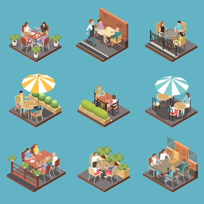 Street cafe terrace isometric icon set with different people situations equipment and styles on the terrace vector illustration