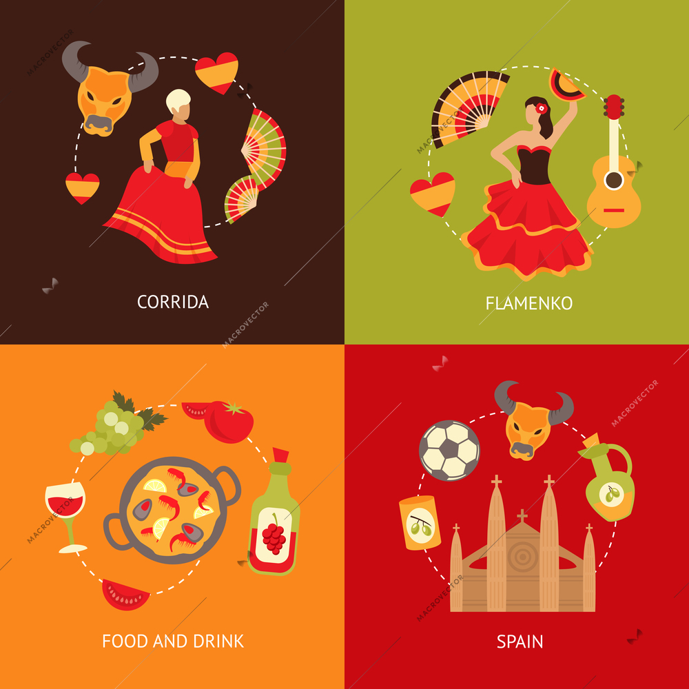 Spain culture symbols corrida bullfight and paella food vine sangria travel icons composition set flat vector illustration