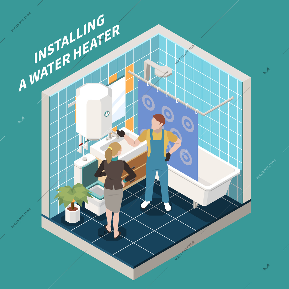 Colored and isometric 3 d plumber composition with installing a water heater description vector illustration