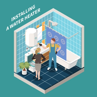 Colored and isometric 3 d plumber composition with installing a water heater description vector illustration