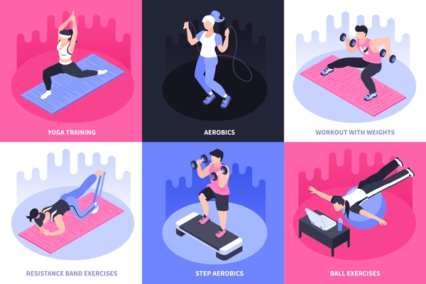 Isometric home fitness design concept with six square compositions of text captions and people doing exercises vector illustration