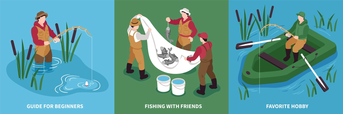 Isometric fishing design concept with set of square compositions with people fish tackle and inflatable boat vector illustration