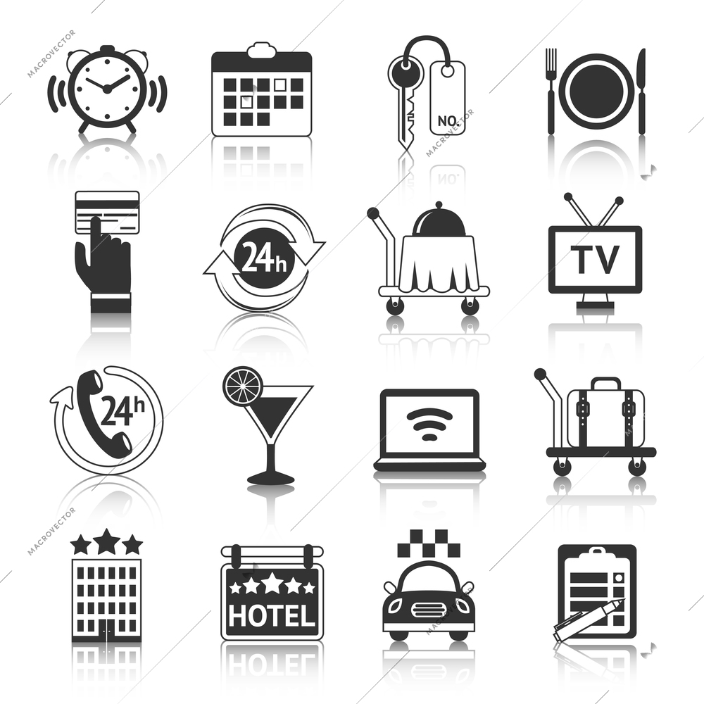 Hotel travel accommodation black pictograms set of room breakfast service alarm and 24h reception isolated vector illustration