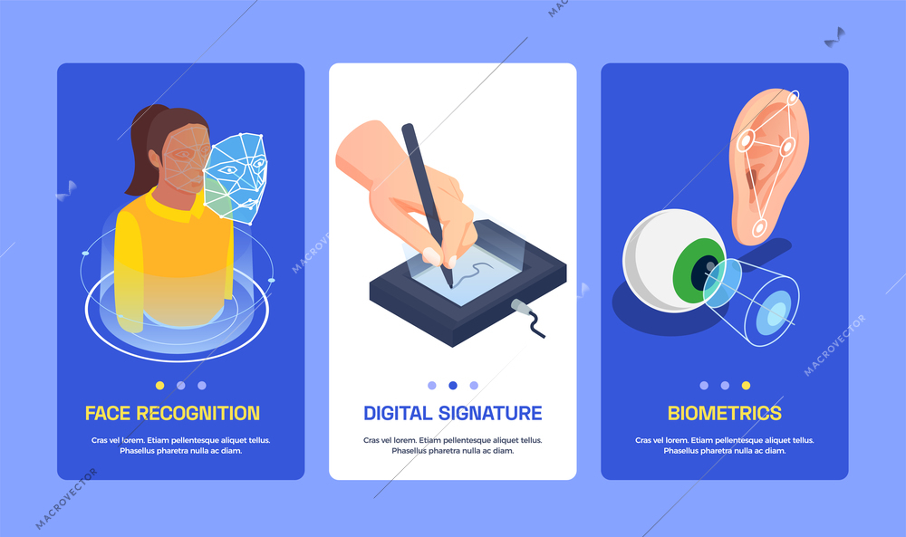Set of three vertical banners with biometric authentication digital signature and face recognition technology isolated on blue background 3d isometric vector illustration