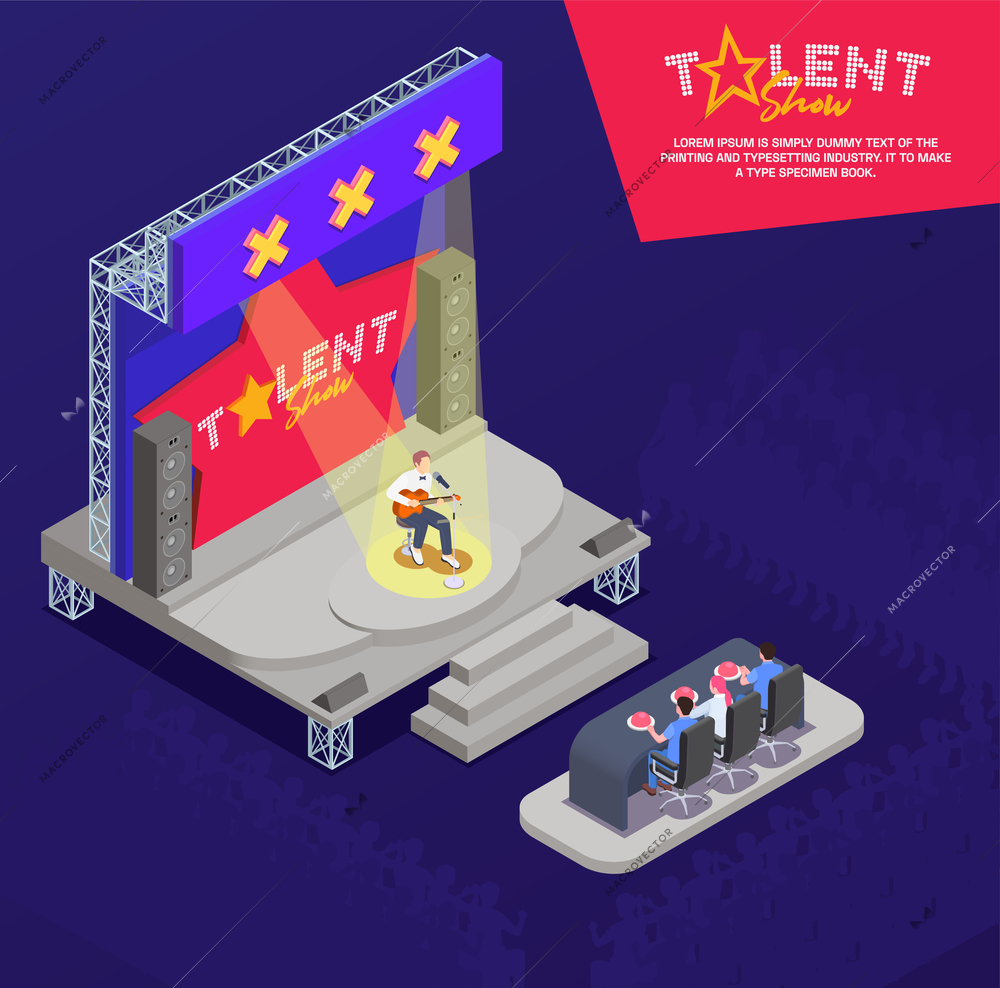 Man playing guitar and singing on stage at tv talent show isometric composition 3d vector illustration