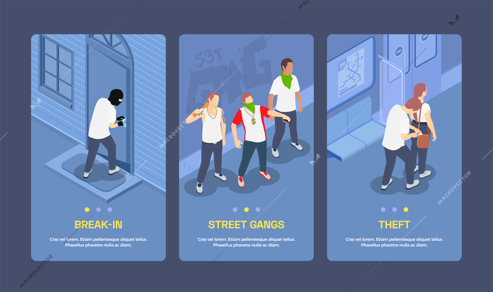 Isometric vertical banners set with street gangs committing thefts and breaking locks 3d isolated vector illustration