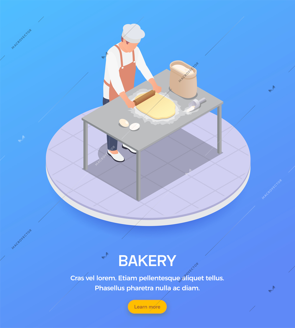 Isometric composition with male baker rolling dough in bakery 3d vector illustration