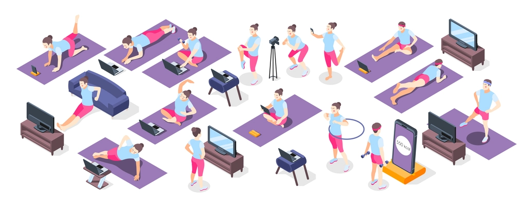 Fitness online isometric icons set of people with sport inventory doing physical exercises used TV or laptop vector illustration