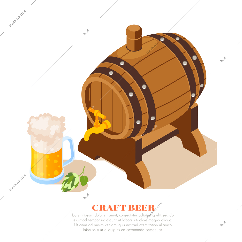 Local brewery craft beer pub advertisement isometric composition with oak barrel full mug hop leaves vector illustration